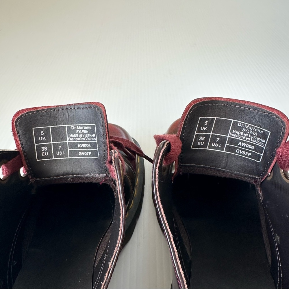 Dr. Martens Burgundy Red Platform Shoes with Yellow Stitching - Picture 5 of 15